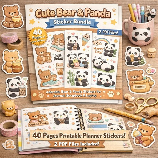 Bear Panda Sticker Bundle | 40 Pages Printable Planner Stickers (2 PDF Files)