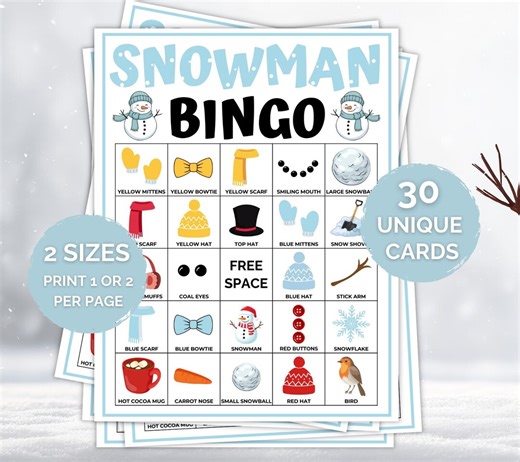 30 Snowman Bingo Cards, Snowman Bingo, Winter Party Game, Winter Classroom Activity, Family Winter Bingo, Snowman Bingo Cards - Etsy