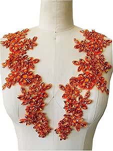 Handmade red/White//Green/Blue Rhinestones Applique Sewing Beads Stones Trim lace Patches Accessory for Dress Clothes one Pair (Orange)