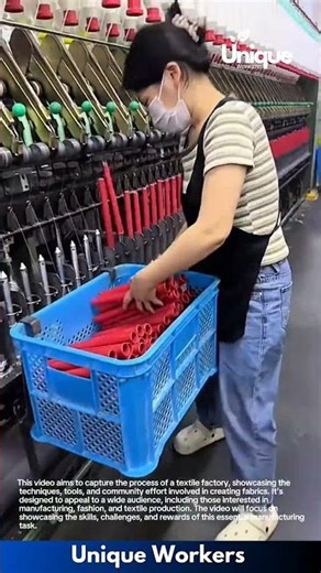 Textile Factory Work in Action: Woman Efficiently Operates Spinning Machine with Yarn Spools