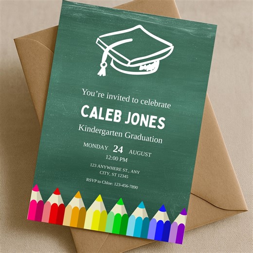 Kindergarten Graduation Invitation, Chalkboard Graduation Invite, Preschool Grad Party Canva Template, School Crayon Printable Invite Kids - Etsy
