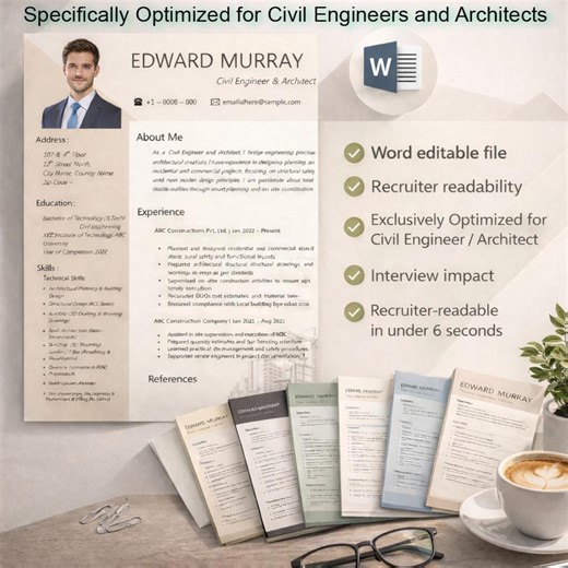 Civil Engineer Resume Template | Architect CV | Professional Engineering Resume | Word Editable | 5 Color Variants | Instant Download - Etsy