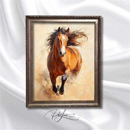 疾走する馬の油絵、ダイナミックな馬のアートワーク、劇的な馬の動き、素朴な農家の装飾、温かみのあるニュートラルトーン、印刷可能 218 - Etsy 日本