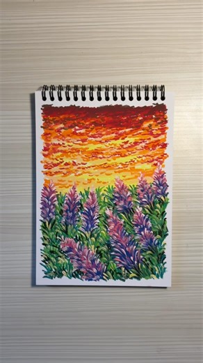 Drawing sunset and flowers use oilpastel