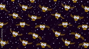 Owl cartoon brown characters wallpaper flying on dark background. Cute children animation good as backdrop for intro, party, television programme, presentation, etc... Seamless loop
