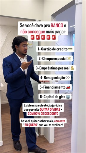 Você deve pro banco e não sabe mais o que fazer? ⚠️ Isso funciona pra: 💳 Cartão de crédito 💸 Cheque especial 🏦 Empréstimo pessoal ♾️ Renegociação 🚗 Financiamento 🏭 Capital de giro Existe uma estratégia jurídica que permite quitar essas dívidas com até 90% de desconto — sem renegociar direto com o banco. Comenta “EU QUERO” que eu te explico como funciona 👇 OBS.: Se você pegou o crédito, tem que pagar. Jamais deixe de pagar uma dívida por má-fé. Mas, caso não consiga mais, parar e negociar d