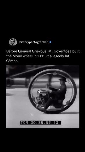 774K views · 1.1K reactions | The 1931 Monowheel showcased at Milan Exposition by Garavaglia was a hit, featuring a large tyre housing the engine and a fixed frame for the driver. Though a spectacle until the 1930s, motorcycles prevailed as the more practical choice. Built by M. Goventosa in Udine, it allegedly hit 93 mph. Reviving interest, hobbyists now experiment with monowheels, continuing a legacy begun by Goventosa and Rousseau. | History In Pictures | Facebook