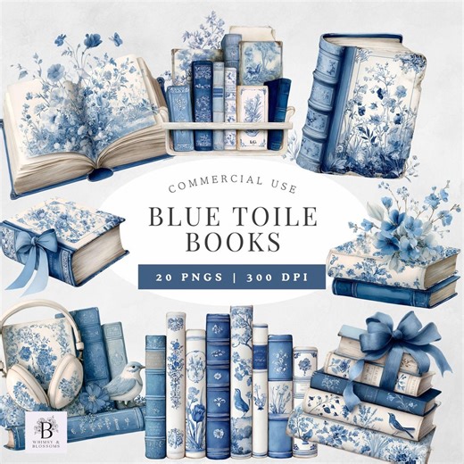 Blue Toile Books Clipart PNG, Vintage Book Clipart, Blue Floral Book Clipart, Chinoiserie Clipart, Junk Journal Clipart, Commercial Use PNG - Etsy