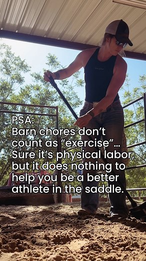 Barn chores are exercise in a sense. But they’re definitely NOT a form of *training* to help you be a better athlete. Even myself, I tend to always shovel 💩 with the same arm position on the fork, which ultimately causes muscular imbalances and unilateral weaknesses. We get on and off the horse on the same side, same leg. Rope with one arm. Turn 1 barrel 1 way, 2 barrels the other way. Rodeo and life is full of imbalanced movements. If imbalances such as these aren’t addressed in your training 