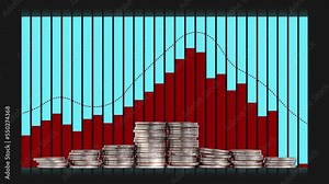 Bar graph and line graph where the rise and fall repeat. Business concept with coins and graphs. Stock Video