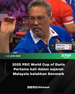 Pertama kali dalam sejarah. Malaysia yang diwakili oleh Tengku Shah dan Tan Jenn Ming melangkah ke pusingan kalah mati (Round 16) selepas menewaskan Denmark 🇩🇰 4-1! #ERASabahKongsi Sumber : PDC | ERA Sabah