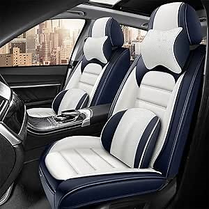 Luxury Car Seat Covers for Buick Lacrosse 2010-2016,Waterproof Soft Breathable PU Leather Seat Cover with Storage Pockets(Blue&White,Front Set with Pillow)