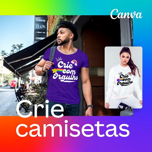Aprenda a criar e personalizar camisetas no Canva Brasil! Clique (bit.ly/3xVsBwp) para ver mais templates e criar sua camiseta hoje! 🤩❤️🧡💛💚💙💜🖤🤍 #canvabrasil #orgulholgbt #criecomorgulho | Canva