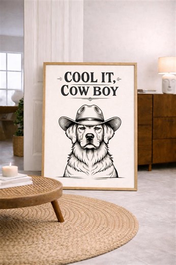 Cool It Cowboy Black Dog Art Print | Retro Western Print | Vintage Black Wall Art | Western Dog Poster | Trendy Decor | Digital Download - Etsy