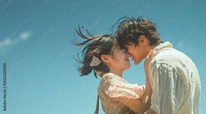 青空の下でキスをする若いカップル｜恋愛, 青空, キス