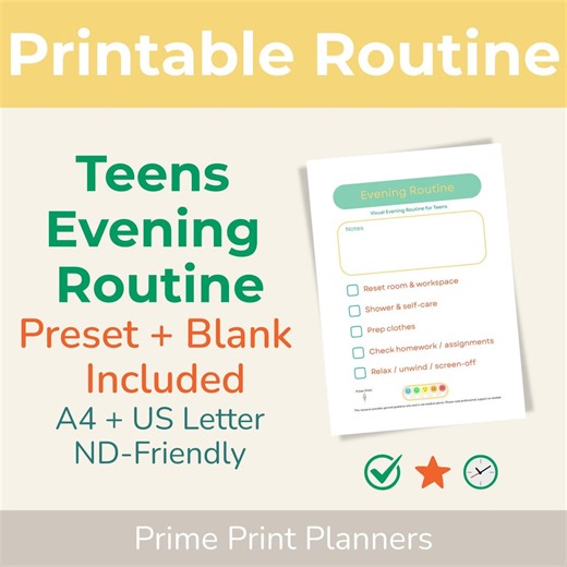 Teens Evening Routine Chart Printable | Bedtime Visual Schedule Checklist | Neurodivergent Friendly | Preset   Blank | A4   US Letter PDF - Etsy
