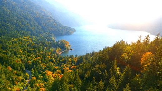 Golden sunlight over Harrison Lake in British Columbia