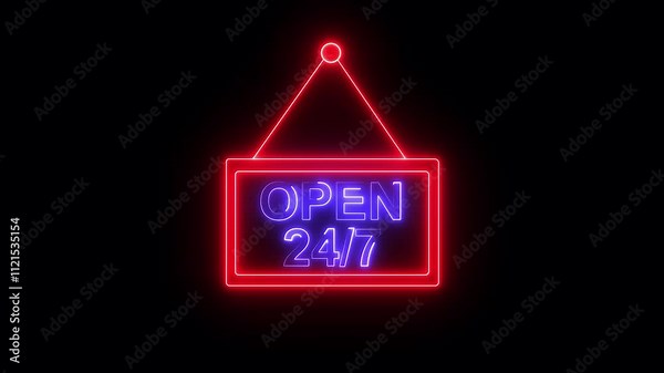 Neon Open 24/7 Text Animation. Neon sign text animation Open 24 hours on black background .Text by neon lights sign in night. The best stock neon hotel Open 24 hours