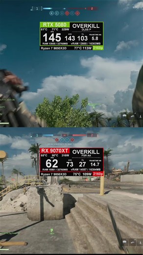 RTX 5080 vs 9070XT fps test in Battlefield 6 on max settings when matching the image fidelity. FSR AA is filled with noise and shimmering artifacts while DLAA is clean. DLSS Performance 50% upscaling intruduces the same amount of artifacts