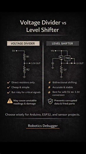 Robotics Debugger on Instagram: "Burned an ESP32 pin using a 5V signal? ⚠️ Most beginners think a voltage divider and level shifter do the same job — they don’t. Here’s the real difference 👇 ✔ Voltage Divider → simple one-way voltage reduction ✔ Level Shifter → safe bidirectional logic conversion ✔ Wrong choice = unstable readings or dead GPIO Use dividers for slow signals. Use level shifters for I2C, UART, SPI, and fast data lines. 👉 Save this before wiring your next Arduino or ESP32 project.