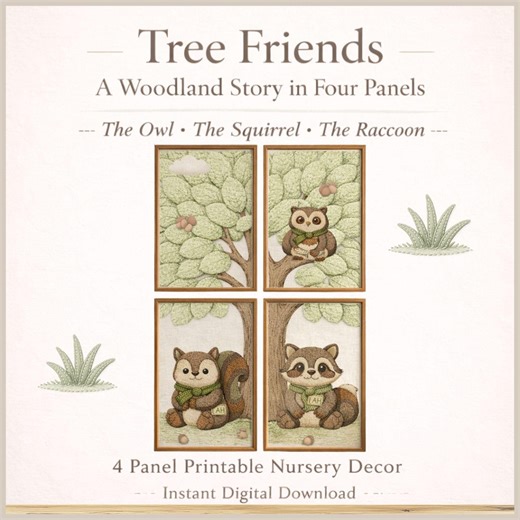 4 Panel Printable Nursery Decor – Woodland Forest Animal Wall Art – Owl Squirrel Raccoon – Digital Download - Etsy