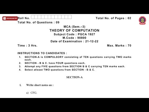 MCA 3RD SEM THEORY OF COMPUTATION DEC 2022 | PTU