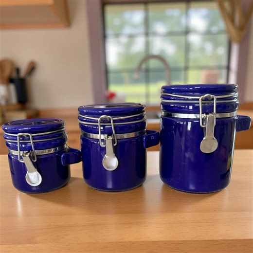 Cobalt Blue Ceramic Canister Set of 3 With Wire Bale Clasps | Airtight Kitchen Storage Jars   Wooden Spoons, Tea Coffee Canister, Counter - Etsy