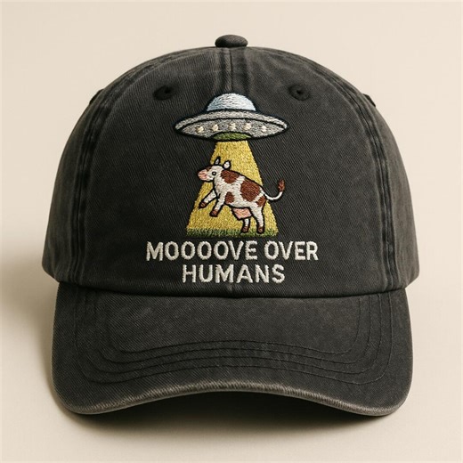 Mooove Over Humans, Cow Abduction Hat, UFO Embroidered Wash Dad Cap, Funny Alien Cow Cap, Alien Abduction Gift, Sarcastic Animal Hat - Etsy