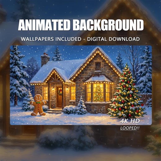 Arrière-plan animé, cabane de Noël confortable, lumières scintillantes sur l'arbre et pain d'épice, superposition de flux d'arrière-plan animé Vtuber - Etsy France