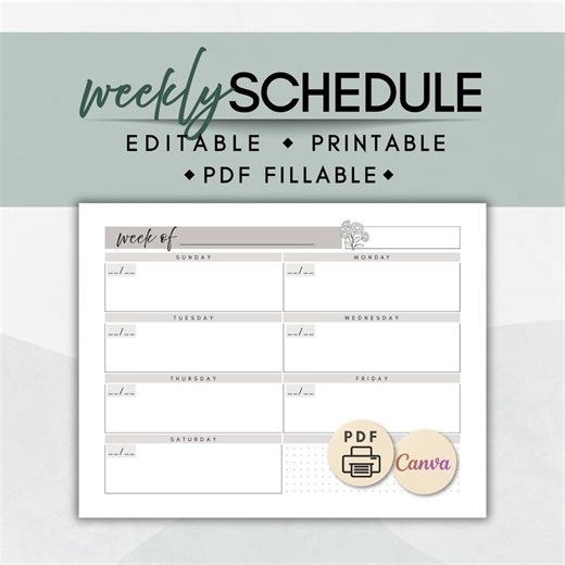 Weekly Schedule Printable | Weekly Layout Template | Fillable PDF | Canva Editable | Planner Page