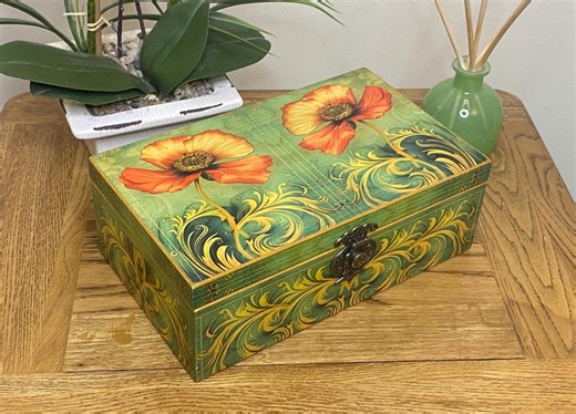 Hand Decorated Rectangular Box in Decoupage Style. Art Nouveau Poppy Design in Green and Red - Etsy UK
