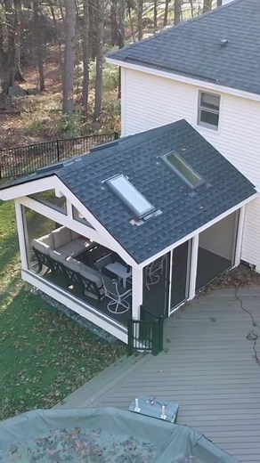 Wrapping up the screen porch build for the season. The porch was built on an existing deck with 6 by 6 PT posts, cedar rafters, and a double 11 and seven eights LVL ridge beam. The ceiling is shiplap PVC with roof sheathing, a waterproof membrane, and asphalt shingles on top. Finishing touches include a non spline screen system, skylights, and all pvc trim. Next season comes electrical and entertainment. #diyprojects #doityourselfproject #outdoorentertaining #backyardoasis #homeequity