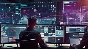 Professional IT technical support specialists, software programmer working on computers in monitoring control room with digital screens with server data, blockchain network, surveillance maps