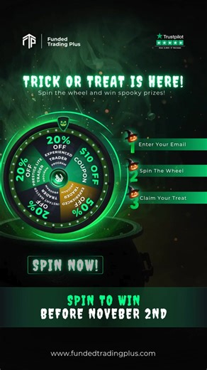 25K views · 658 reactions |  Trick or Treat is here! Spin the Wheel of Frights & Delights and uncover your spooky surprise -  Up to 50% OFF trading programs  $10 OFF coupons 慄‍♂️ 20% OFF Master, Prestige & Experienced Plans Just 3 simple steps: 1️⃣ Enter your email 2️⃣ Spin the wheel 3️⃣ Claim your treat Hurry — the magic fades November 2nd!  Tap Spin Now to play before it’s gone! | Funded Trading Plus | Facebook