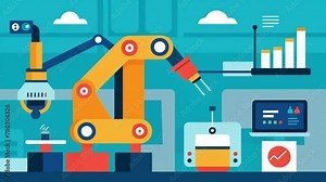 Inside a bustling factory workshop a robotic arm applies realtime predictive ytics to monitor the temperature and pressure of machines allowing