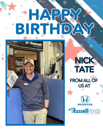 Russell Honda on Instagram: "🎉🎂 Help us wish Nick Tate, our Assistant Service Manager, a very happy birthday! 🎂🎉 Nick, we appreciate everything you do to keep things running smoothly and take care of our customers every day. Have an amazing day! 🥳 Drop your birthday wishes for Nick in the comments! 👇🎈 #RussellHonda #NLR #HappyBirthday #BirthdayShoutout #TeamSpotlight #EmployeeAppreciation #ServiceDepartment #AssistantServiceManager #DealershipLife #CustomerService #Teamwork"