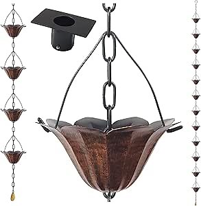 8.5FT Lotus Antique Bronze Color Iron Rain Chains for Gutter and Rain Barrel, Rust-Resistant Plated Garden Décor Rain Chain for Downspout, Bonus Rain Chain Gutter Adapter, Earrings for House