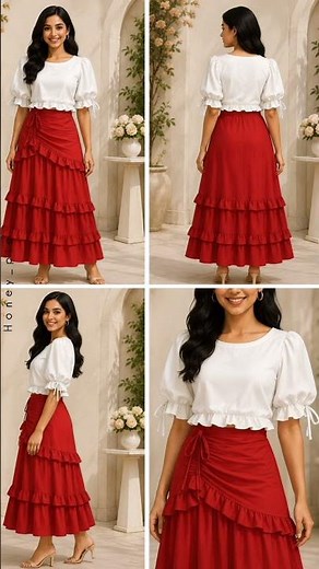 Day 18/365 ❤️ Red Ruffle Skirt & White Puff Sleeve Top | Outfit Inspiration #fashion #trendingshorts