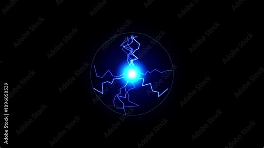 Blue electric lightning energy ball animation. High voltage plasma discharge inside a glass sphere. Electric power spark and thunderbolt effect on black background.
