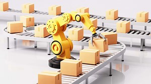 Mechanical arms carry boxes, Assembly line and mechanical operation, 3d rendering.