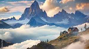 Foggy autumn landscape in the Dolomites, Italy, Mountains in fog with a beautiful house and church at night in autumn, Landscape with high rocks, a blue sky with the moon, Rocky