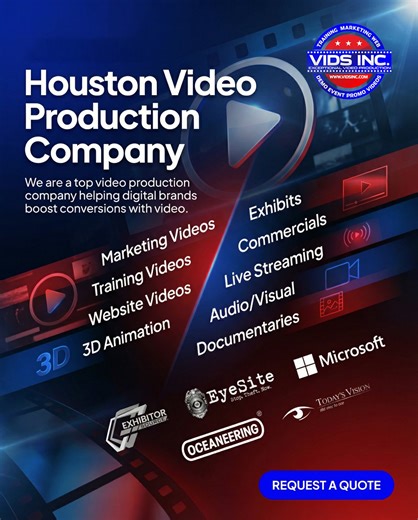 Looking for a Houston Video Production Company that actually drives results? At Vids Inc, we don’t just create videos — we build powerful visual assets that help brands get found, get trusted, and get chosen. From marketing and training videos to commercials, documentaries, live streaming, exhibits, and 3D animation, our end-to-end production process is designed to boost conversions and elevate your brand. Trusted by brands like Microsoft, Oceaneering, EyeSite, Exhibitor Source, and more — we tu