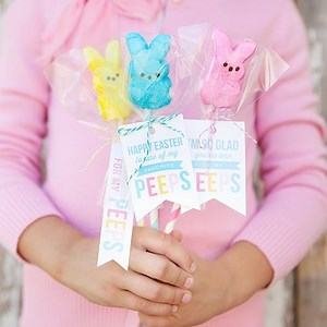 Turn these classic Easter marshmallows into a simple and quick treat for friends, classmates or use them as party favors! https://simpleasthatblog.com/peeps-pops-with-free-printable-easter-gift-tags/ | Simple As That