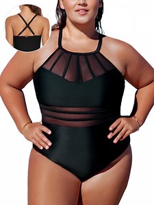 RELLECIGA Women's Criss-Cross Back High Neck Splicing Mesh One Piece Swimsuit Tummy Control Swimwear Ruched Black Bathing Suit