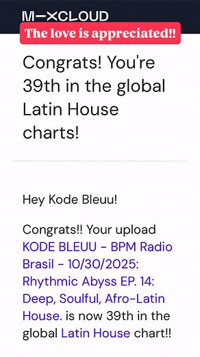 Not only on the Jazz House charts, but this set is now on/moving up the Latin House charts 📈...LET'S GOOOOO! Thanks for the love! Check out the mix here: https://www.mixcloud.com/KodeBleuu/kode-bleuu-bpm-radio-brasil-10302025-rhythmic-abyss-ep-14-deep-soulful-afro-latin-house/ | Kode Bleuu
