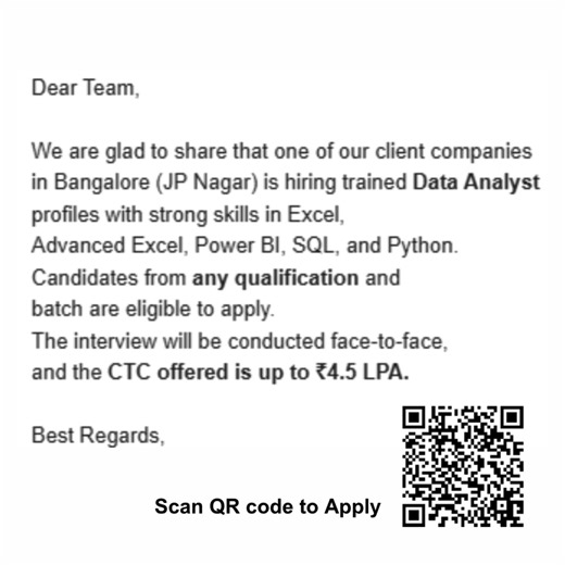 Besant Technologies on Instagram: "Bangalore Openings – Data Analyst Role (₹4.5 LPA) | Besant Technologies's Tie up company Gain expertise in Python, SQL, Power BI, Excel, and Machine Learning with real-time projects and case studies. Our institute offers hands-on practice, live mentoring, internship opportunities, and 100% placement assistance. Become a certified Data Analyst with the Best Python and Data Analytics Course in Chennai & Bangalore, offered by Besant technologies in partnership wit