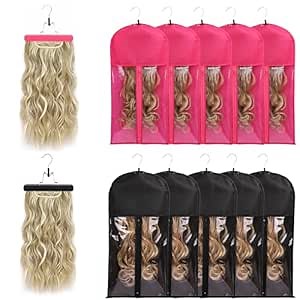 10 PCS Wig Bag - Multiple Wig Storage with Hanger & Anti-slip Hair Extension Holder (5PCS BLACK + 5PCS ROSE)