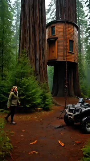 A suspended log treehouse built between two trees, complete with a rope ladder and wood stove for cooking and heat. #CozyCabin #treehouse #offgridliving #cabinlife #dreamhome
