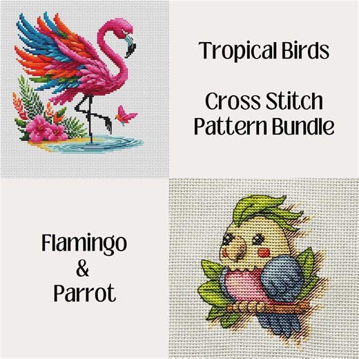 Tropical Birds Cross Stitch Bundle, Flamingo & Parrot - Etsy