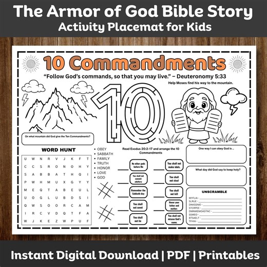 The Ten Commandments Activity Placemat for Christian Kids, 10 Commandments Bible Story Printable Sunday School Homeschool Coloring Games PDF - Etsy